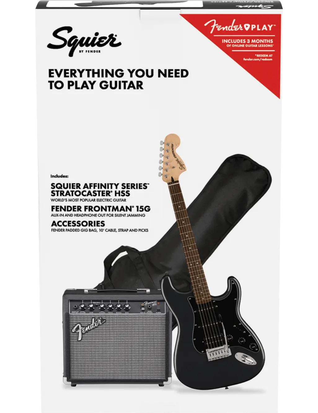 Fender Affinity Stratocaster HSS Pack boxed packaging, showing included accessories