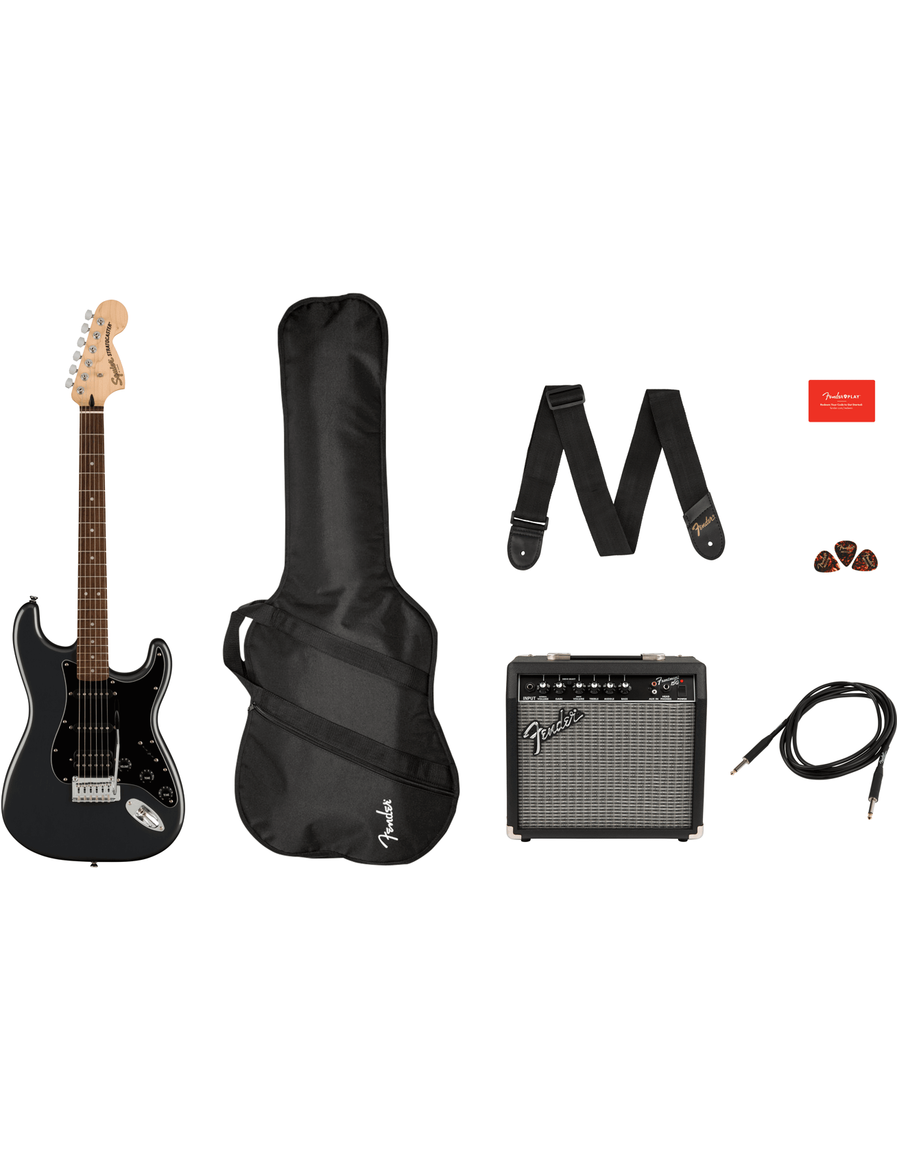 Fender Affinity Stratocaster HSS Pack with guitar, amp, gig bag, cable, strap, and picks, front view