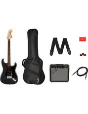 Fender Affinity Stratocaster HSS Pack with guitar, amp, gig bag, cable, strap, and picks, front view