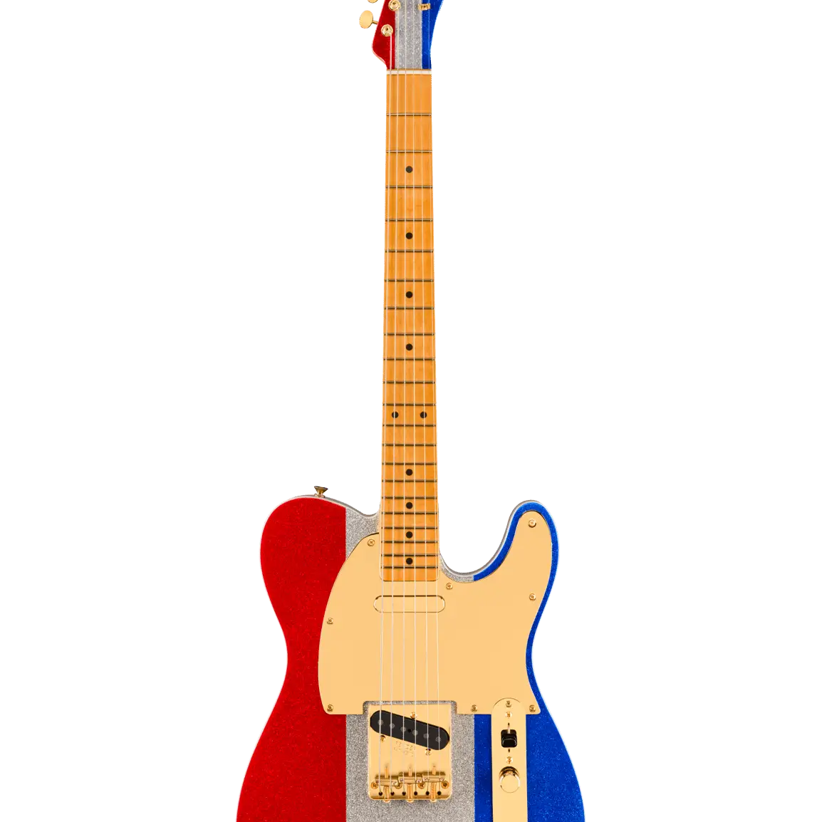 Fender Buck Owens Telecaster electric guitar with red, white, and blue sparkle finish, front view