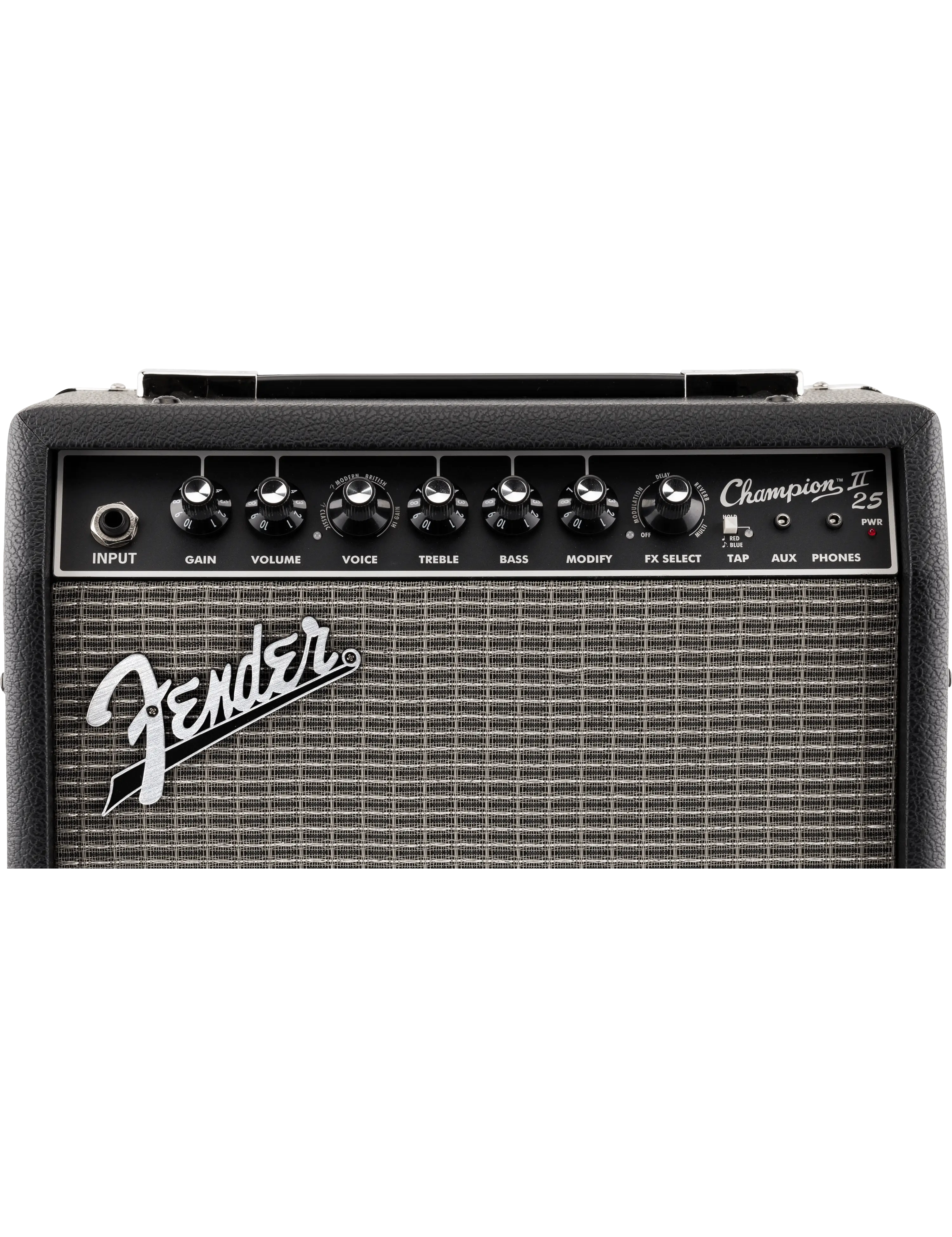 Fender Champion II 25 amplifier angled view highlighting control panel and grille design