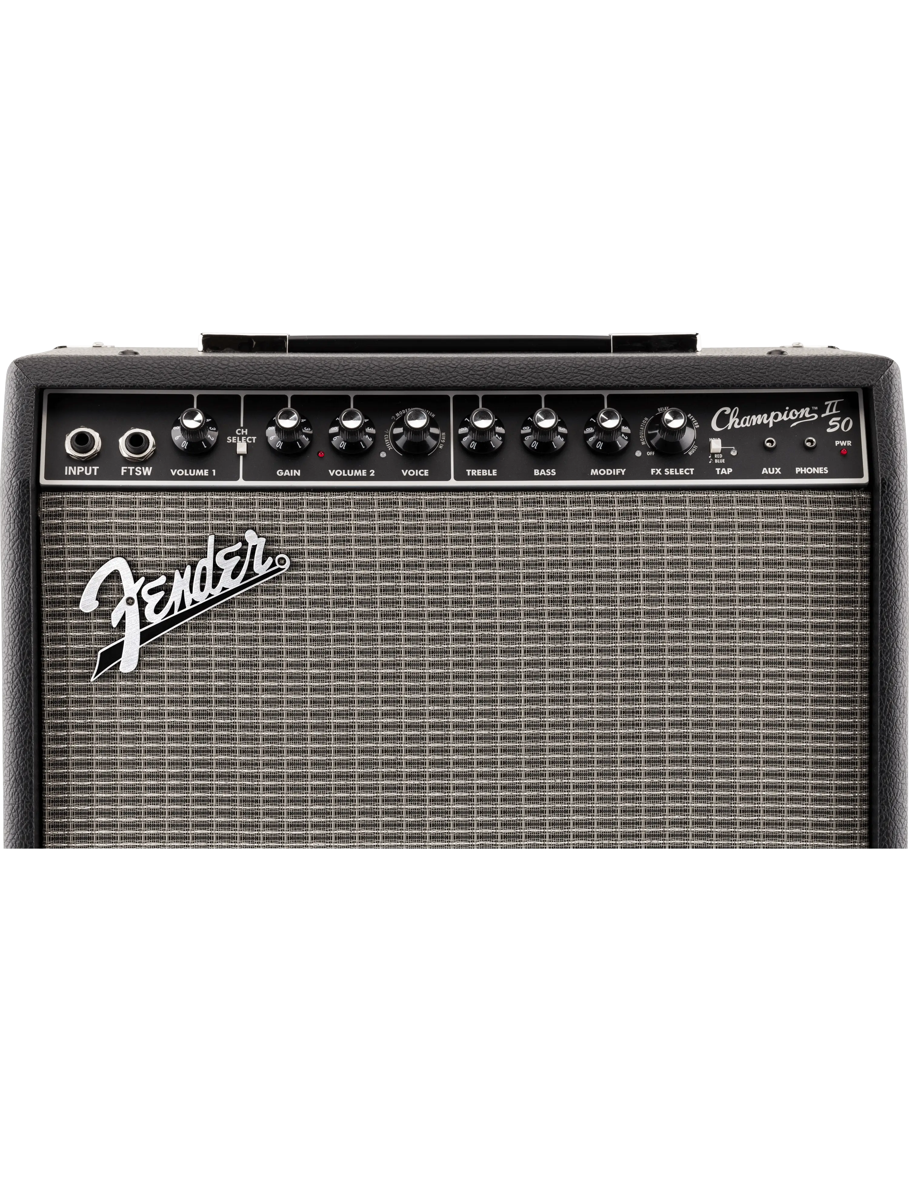 Fender Champion II 50 amplifier angled view with control knobs and grille cloth design