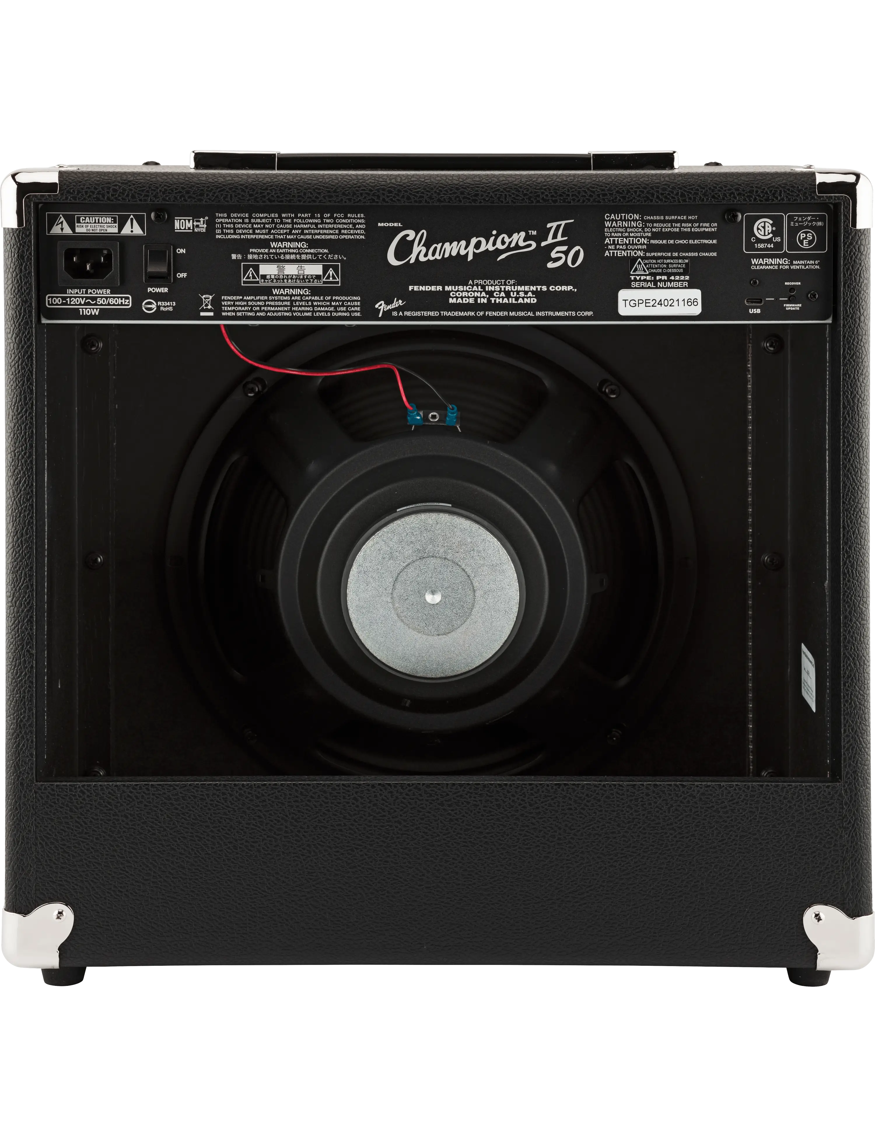Fender Champion II 50 amplifier rear view showing speaker and input/output section