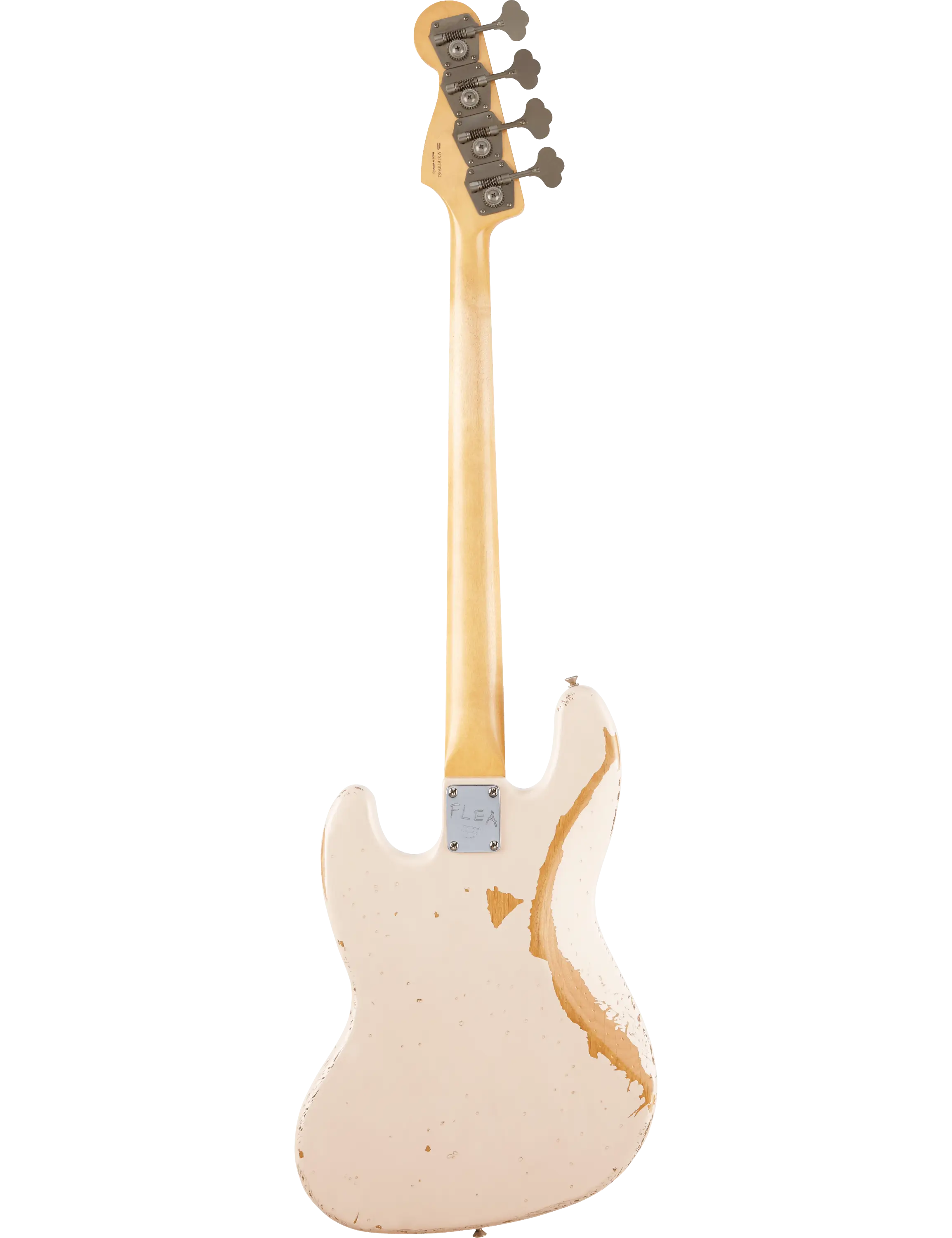Fender Flea Jazz Bass back angle showing Road Worn finish and engraved neck plate