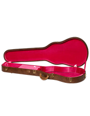 Gibson Kirk Hammett Greeny Les Paul case open with pink interior.