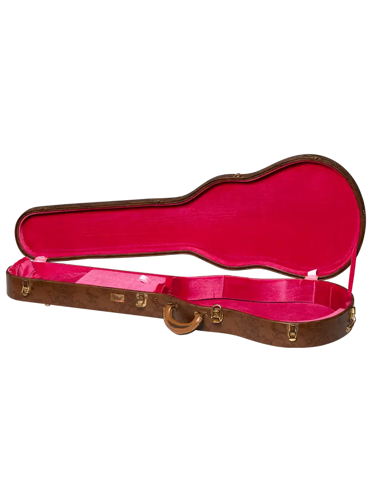 Gibson Kirk Hammett Greeny Les Paul case open with pink interior.