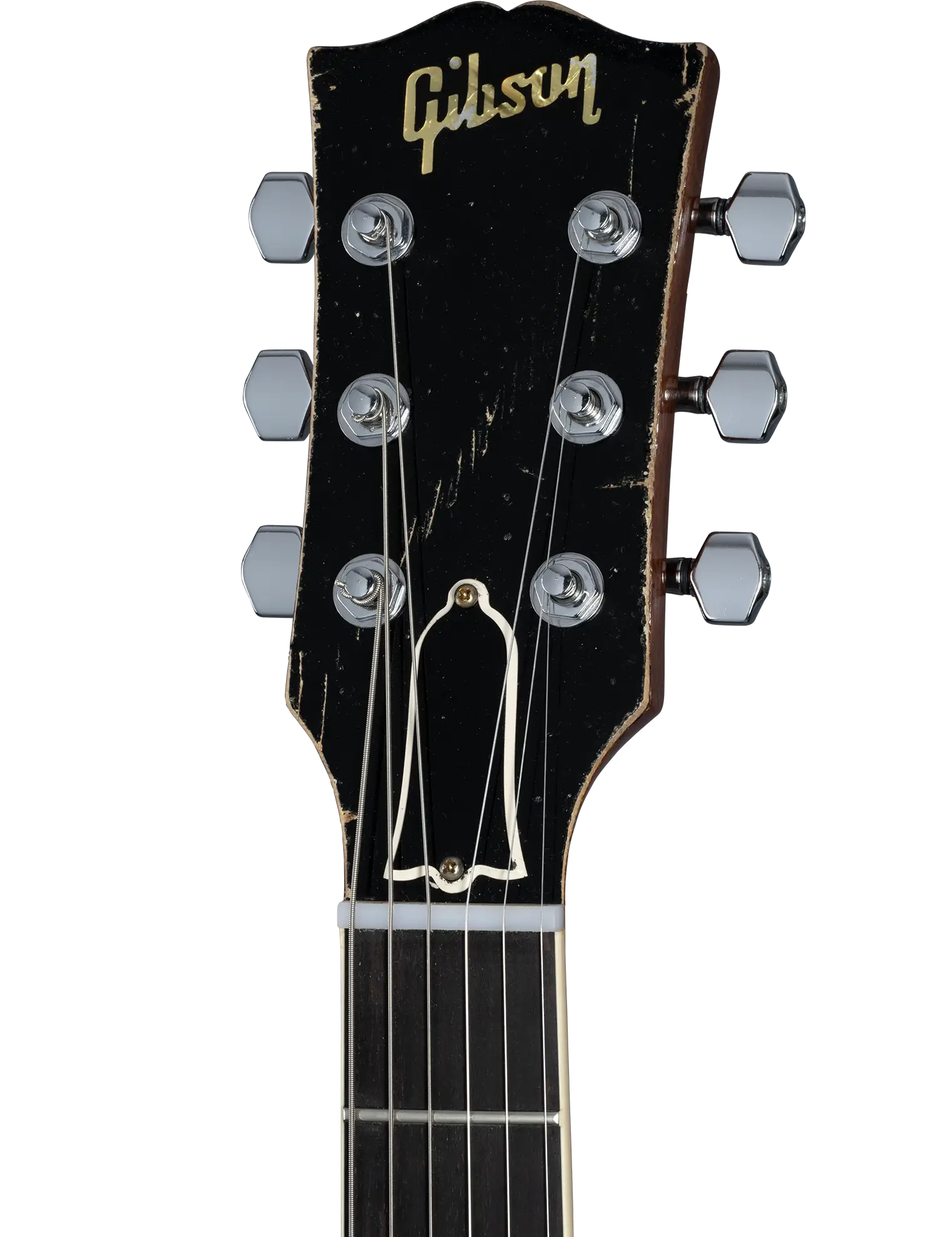 Gibson Kirk Hammett Greeny Les Paul guitar headstock close-up.