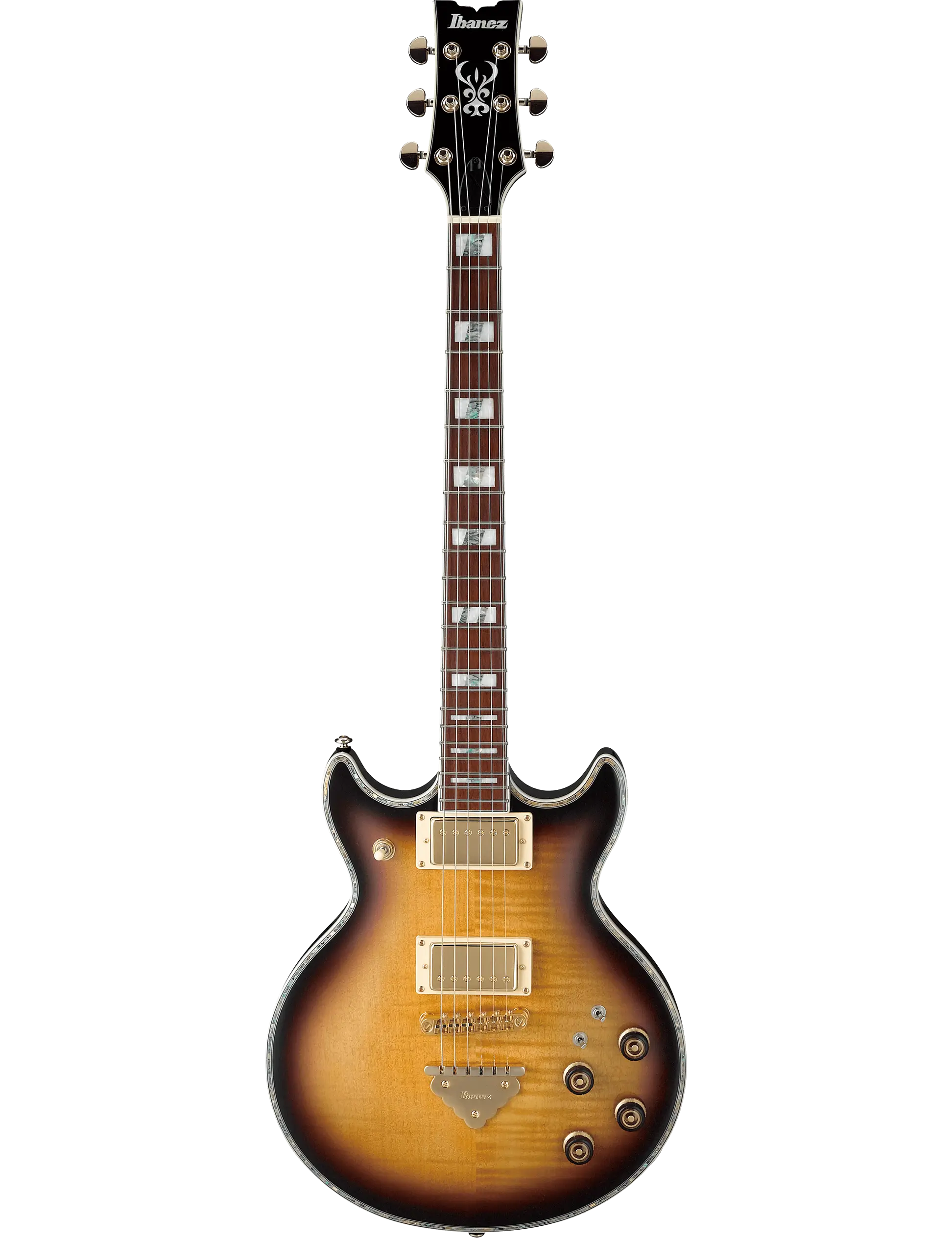 Ibanez AR420 electric guitar in Violin Sunburst finish, equipped with a flamed maple top, okoume body, Super 58 humbuckers, and Tri-sound switches for a wide tonal range.