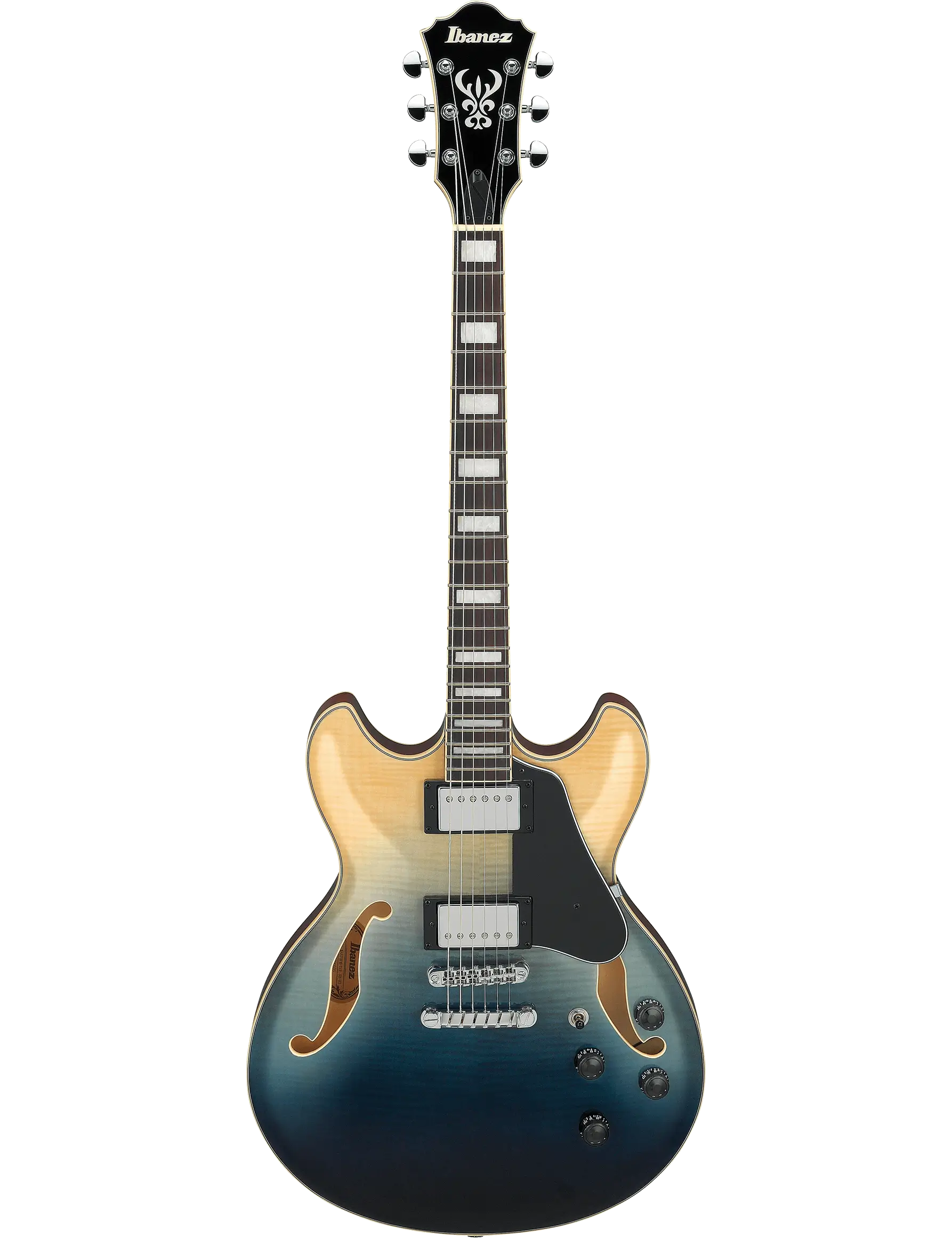 Ibanez AS73FM semi-hollow electric guitar in Transparent Indigo Fade finish.