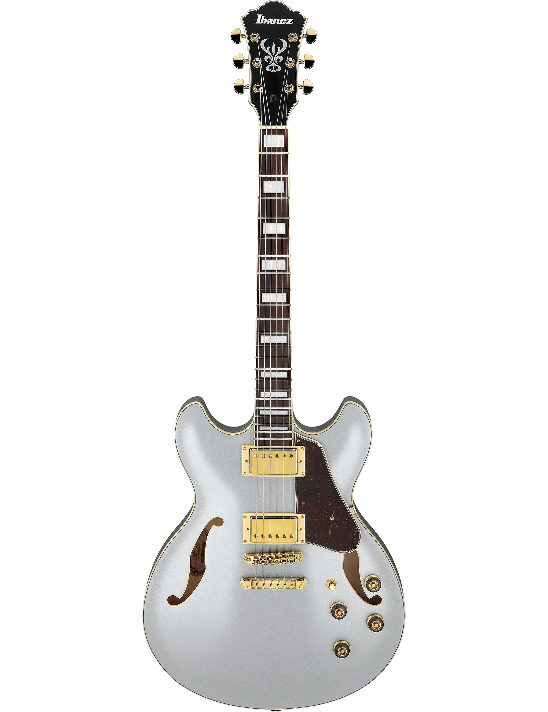 Ibanez AS73G semi-hollow electric guitar in Moonstone Silver Flat finish.