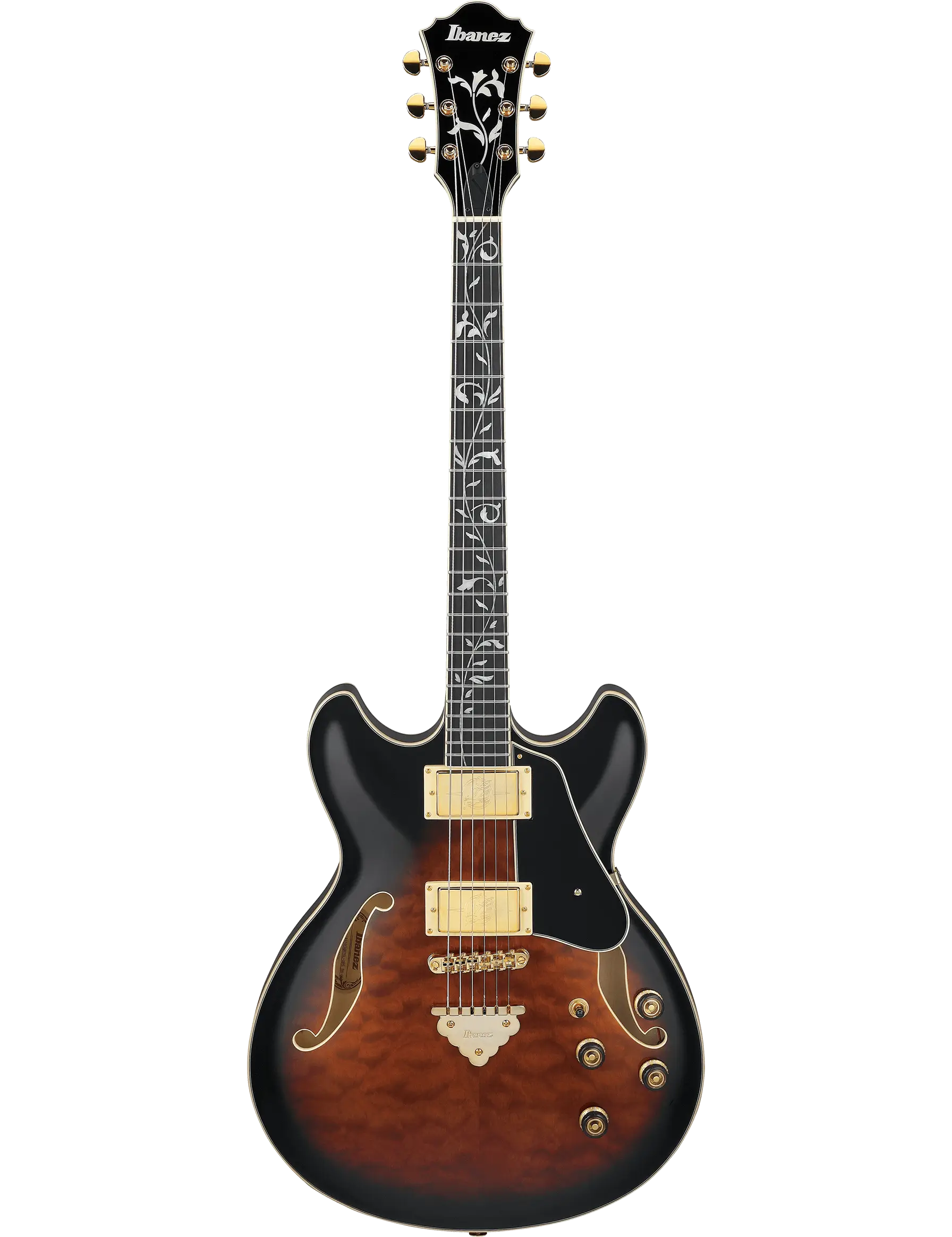 Ibanez AS93QMSP Artcore Expressionist semi-hollow electric guitar in Dark Brown Sunburst finish.