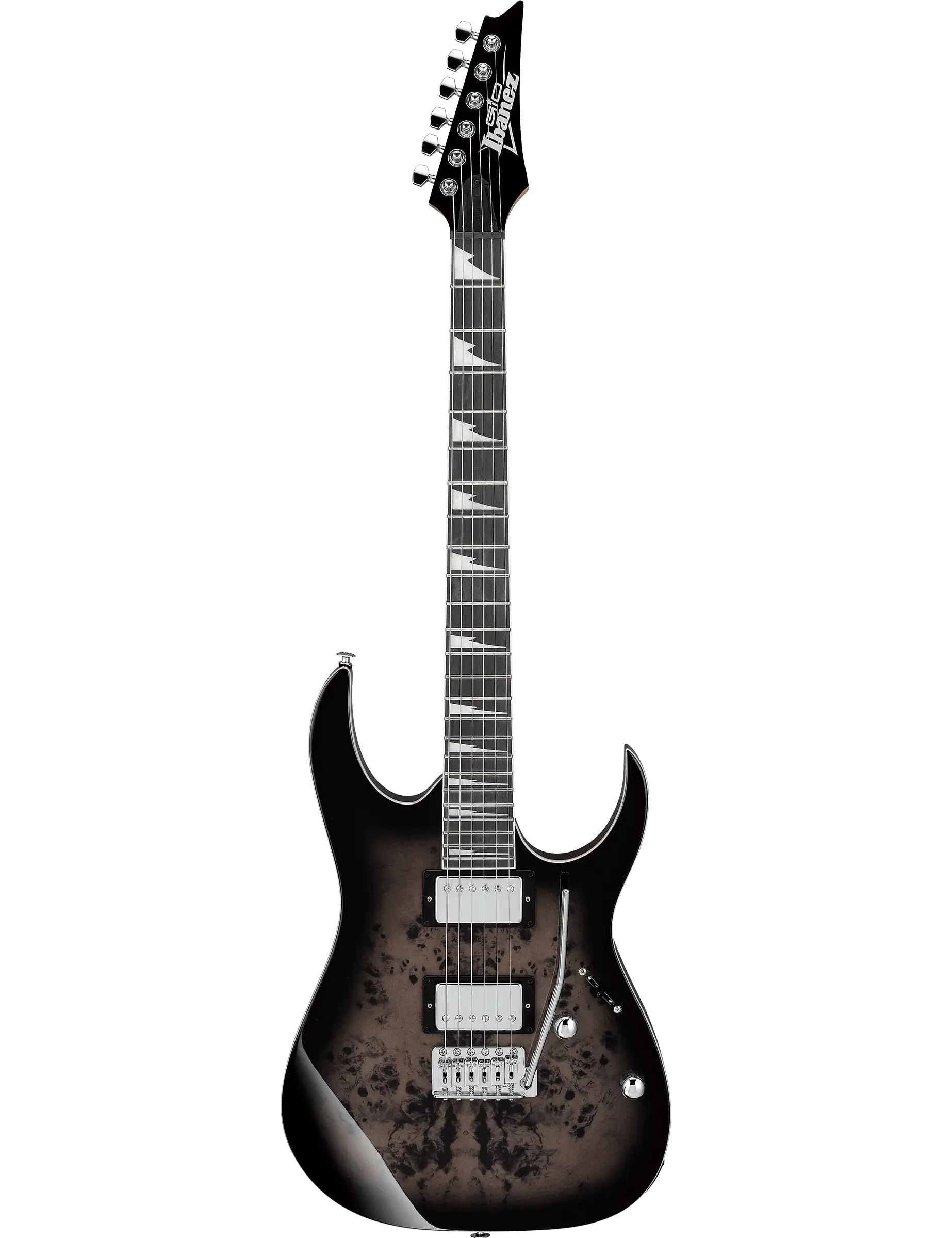 Ibanez GRG220PA1 electric guitar in Transparent Brown Black Burst finish.