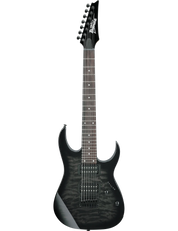 Ibanez GRG7221QA 7-string electric guitar in Transparent Black Sunburst finish.