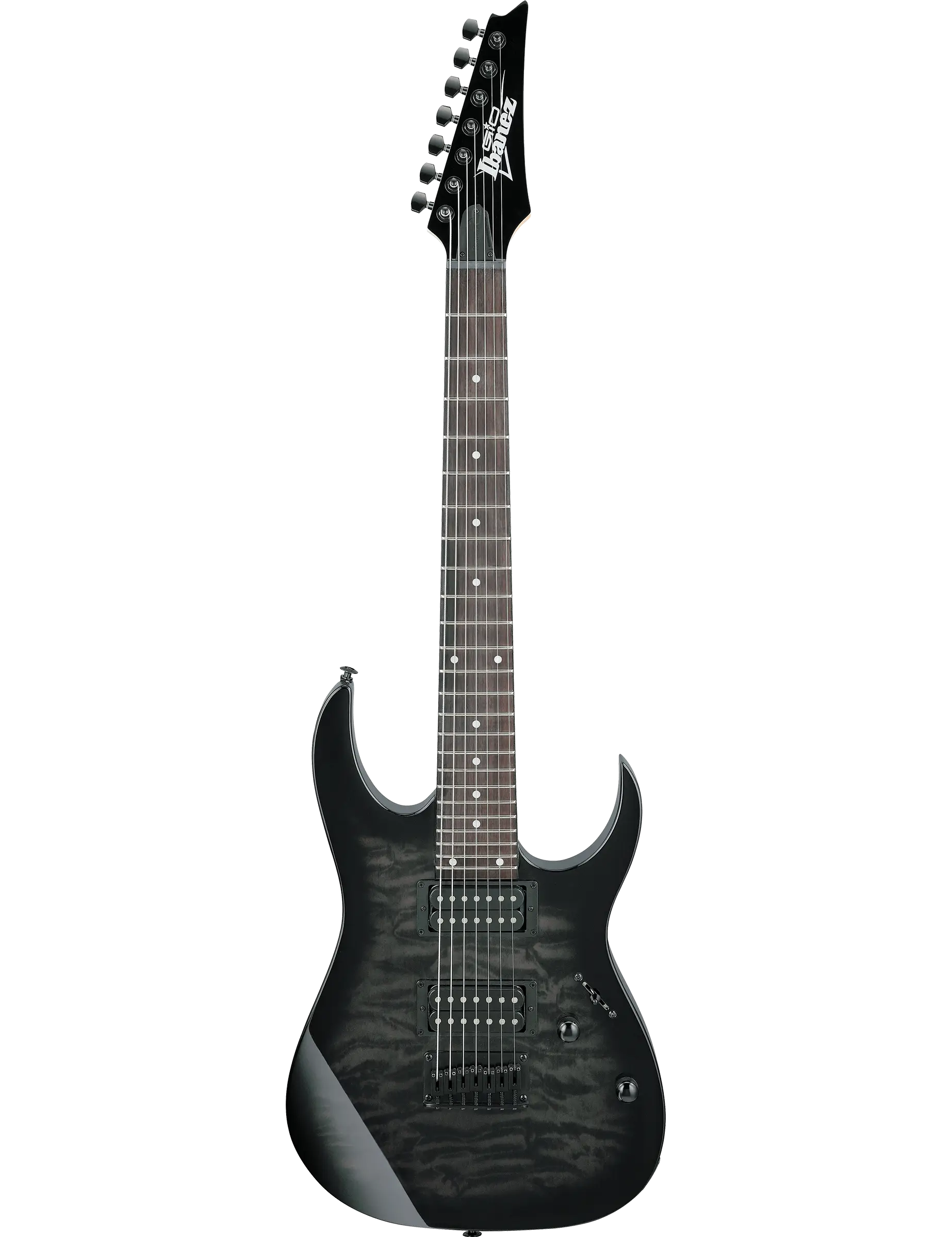 Ibanez GRG7221QA 7-string electric guitar in Transparent Black Sunburst finish.