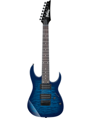Ibanez GRG7221QA 7-string electric guitar in Transparent Blue Burst finish.