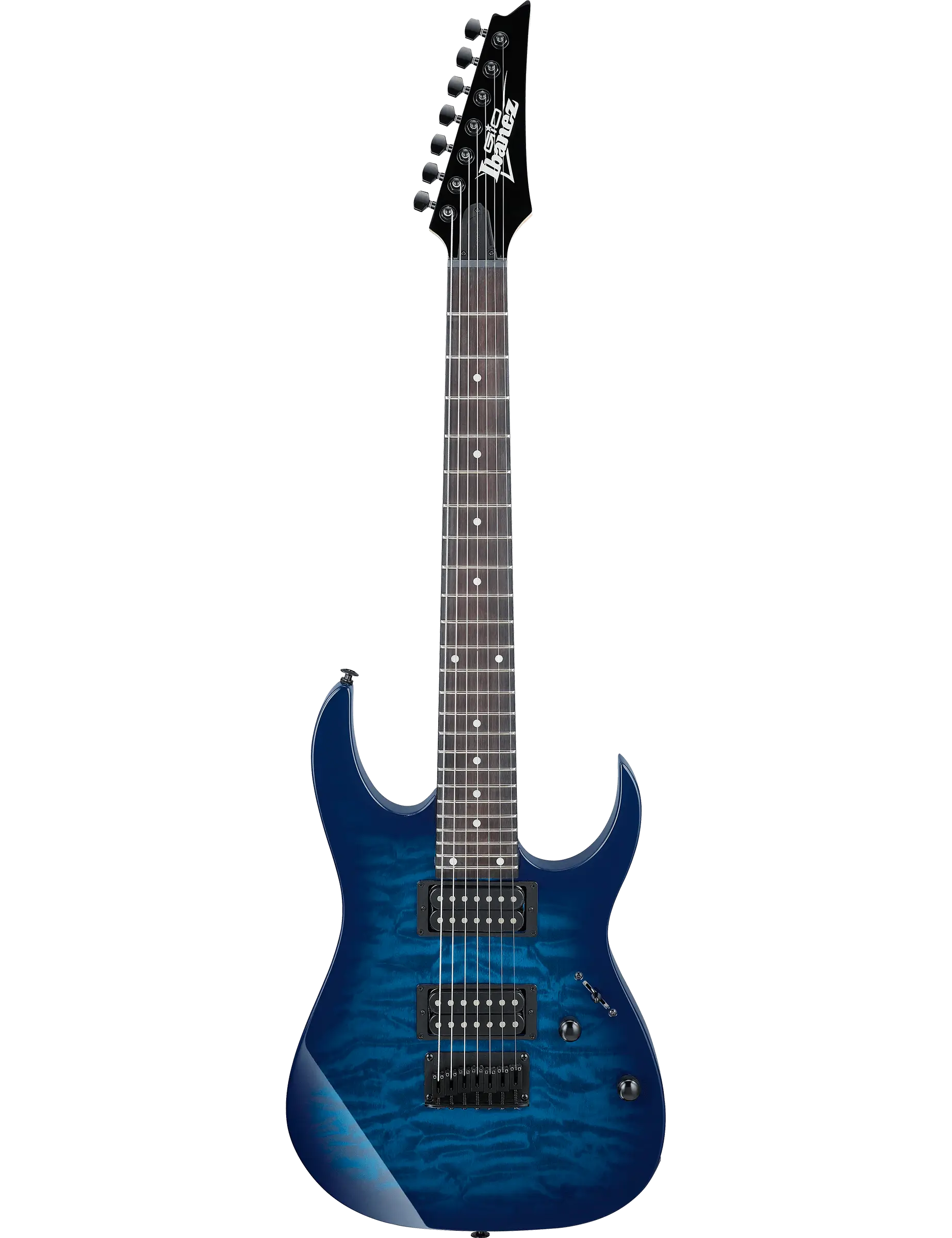 Ibanez GRG7221QA 7-string electric guitar in Transparent Blue Burst finish.