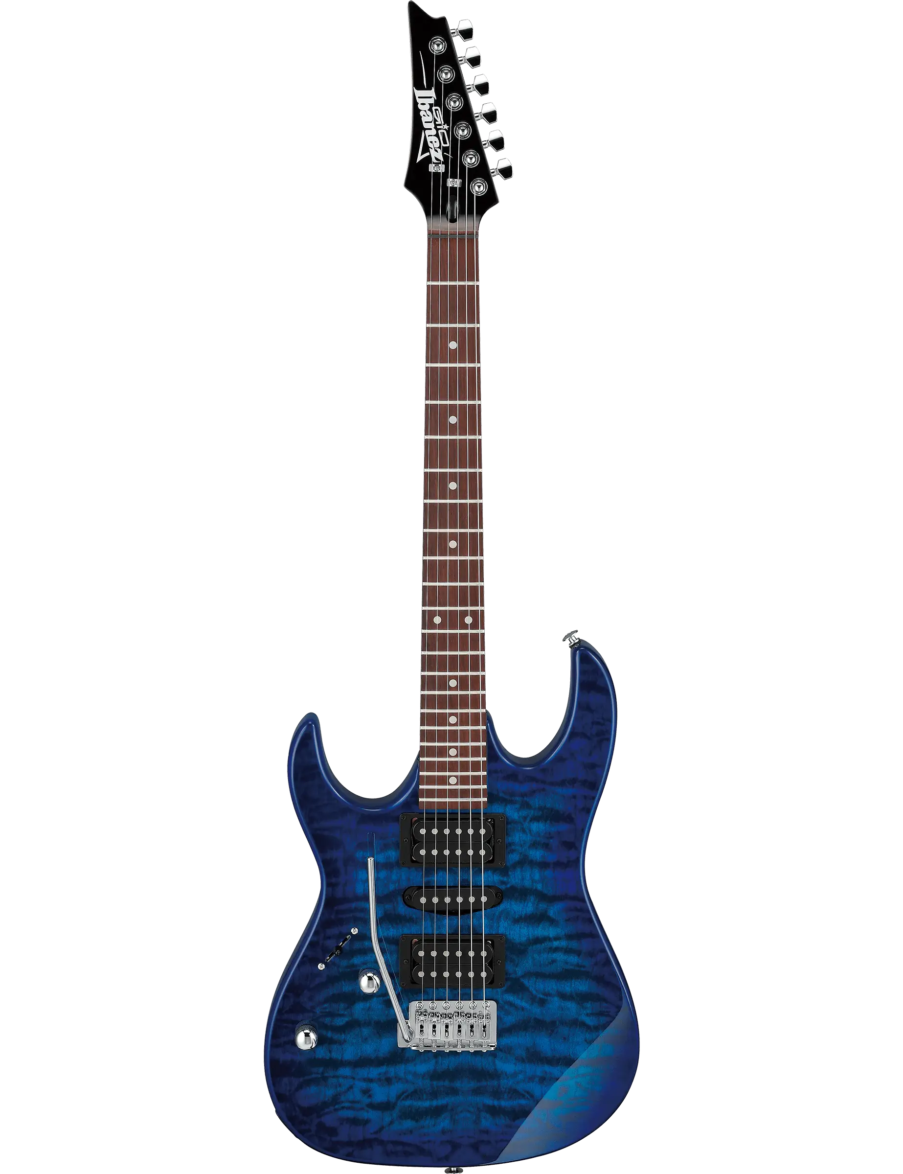 Ibanez GRX70QAL left-handed electric guitar in Transparent Blue Burst finish.