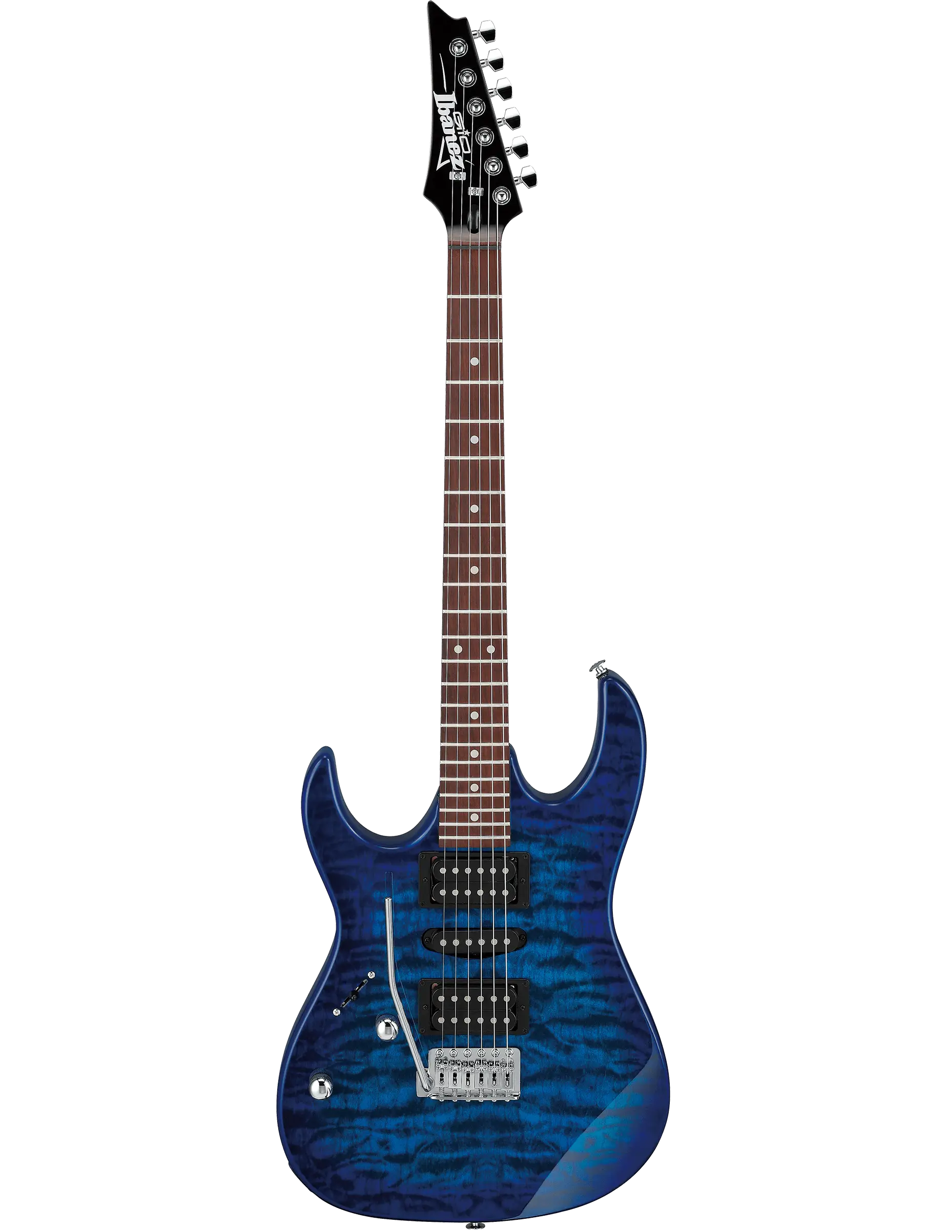 Ibanez GRX70QAL left-handed electric guitar in Transparent Blue Burst finish.