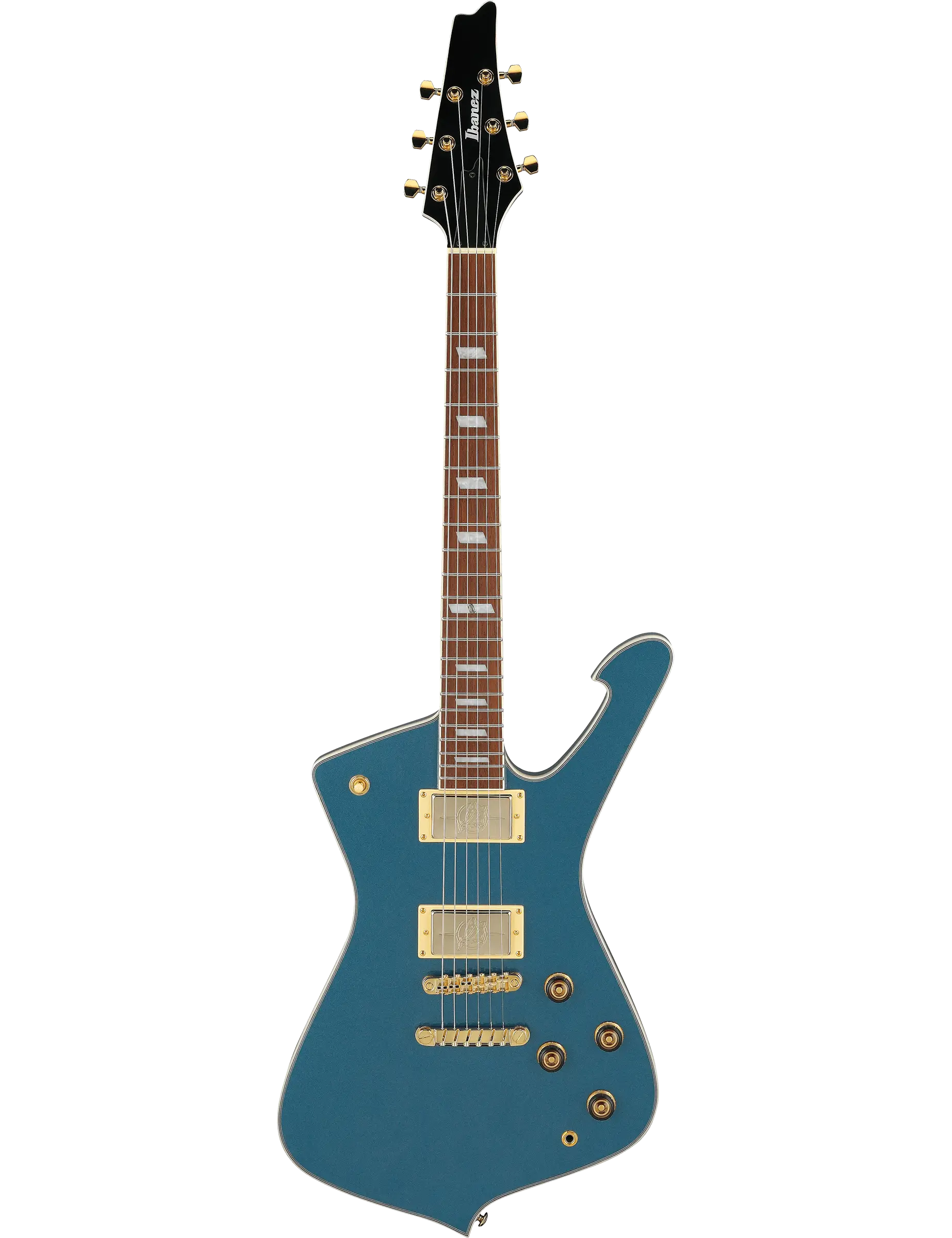 Ibanez IC420 Iceman electric guitar in Antique Blue Metallic finish.