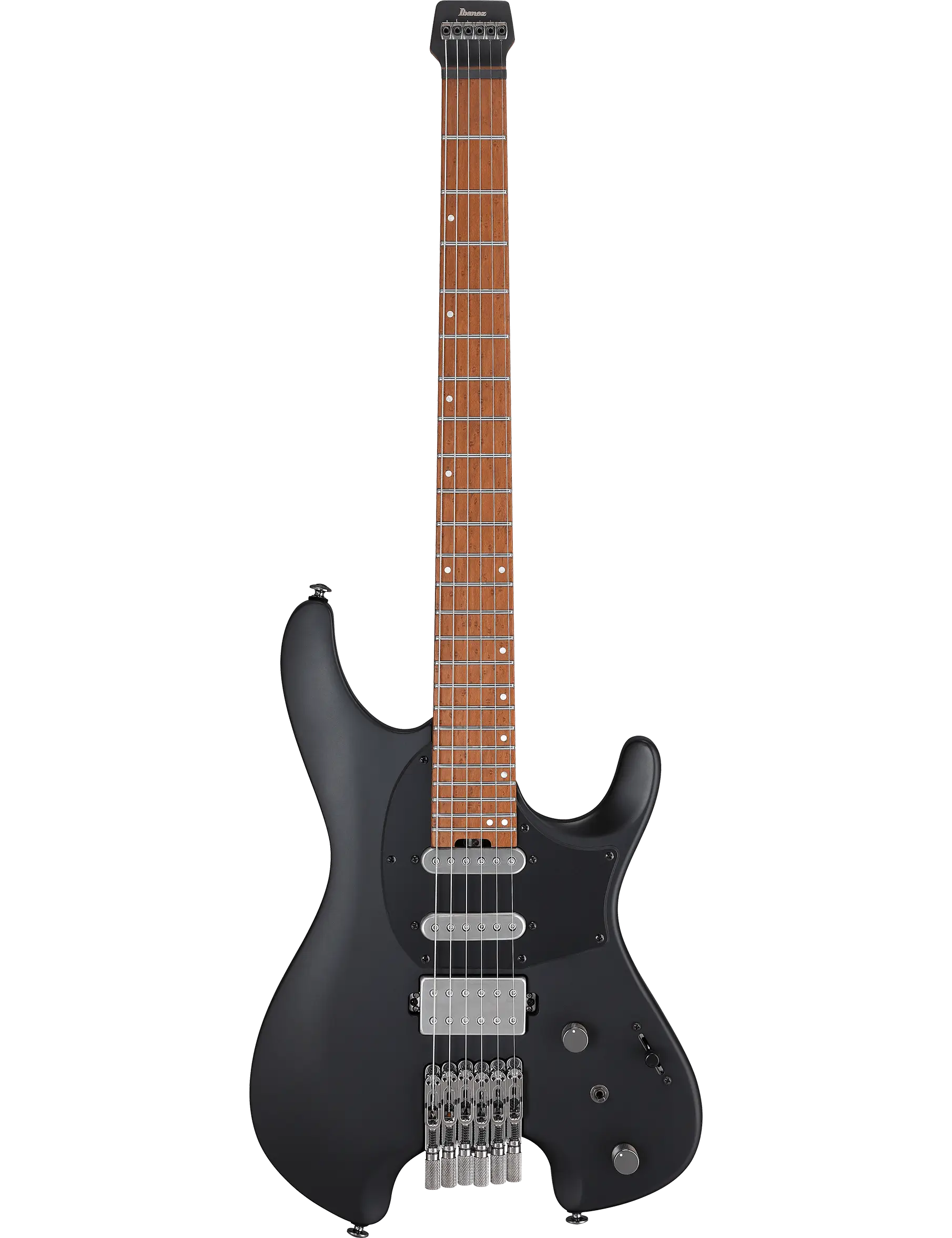Ibanez Q54 headless electric guitar in Black Flat finish, featuring a nyatoh body and roasted birdseye maple fretboard.