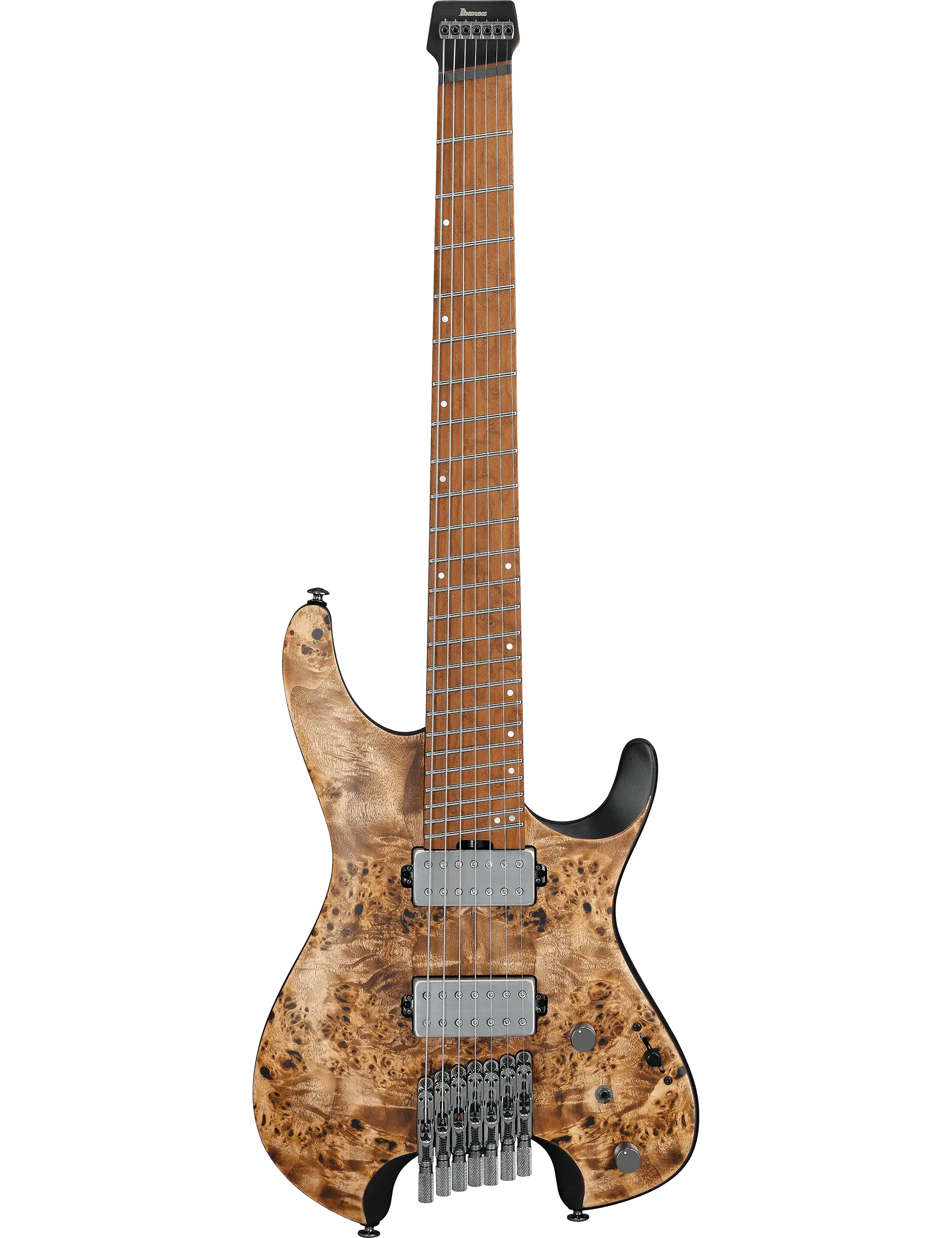 Ibanez QX527PB 7-string headless electric guitar in Antique Brown Stained finish, featuring a poplar burl top, nyatoh body, roasted maple/bubinga neck, roasted birdseye maple fretboard, and Q58-7 humbucking pickups