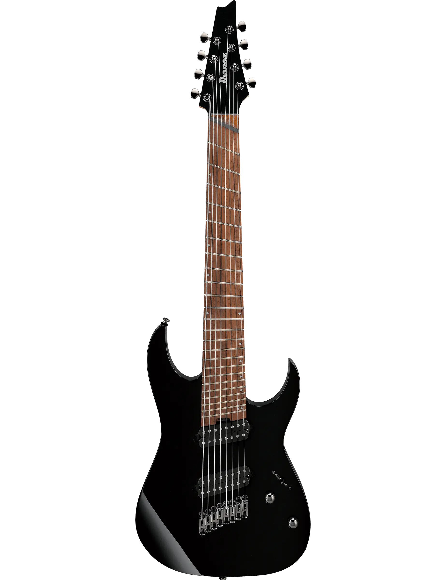 Ibanez RGMS8 black 8-string multi-scale electric guitar.