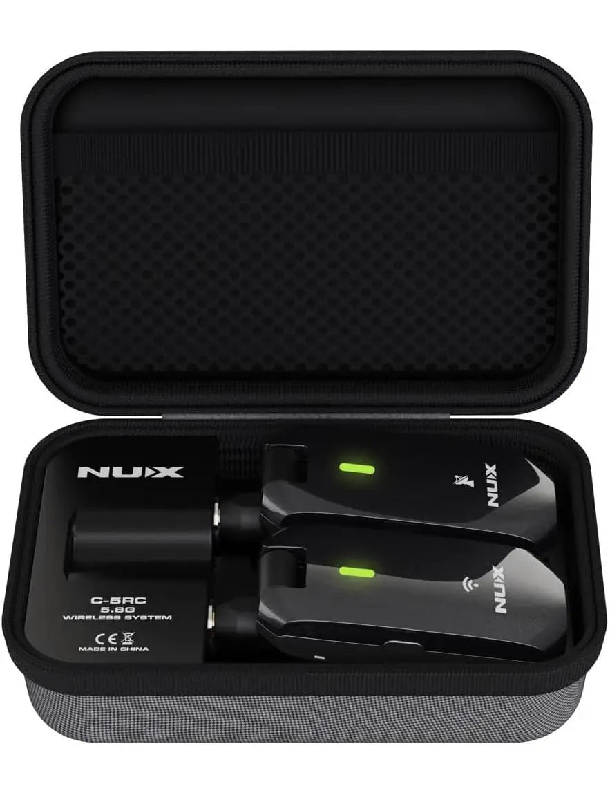 NUX C-5RC 5.8GHz wireless guitar system with portable charging case.